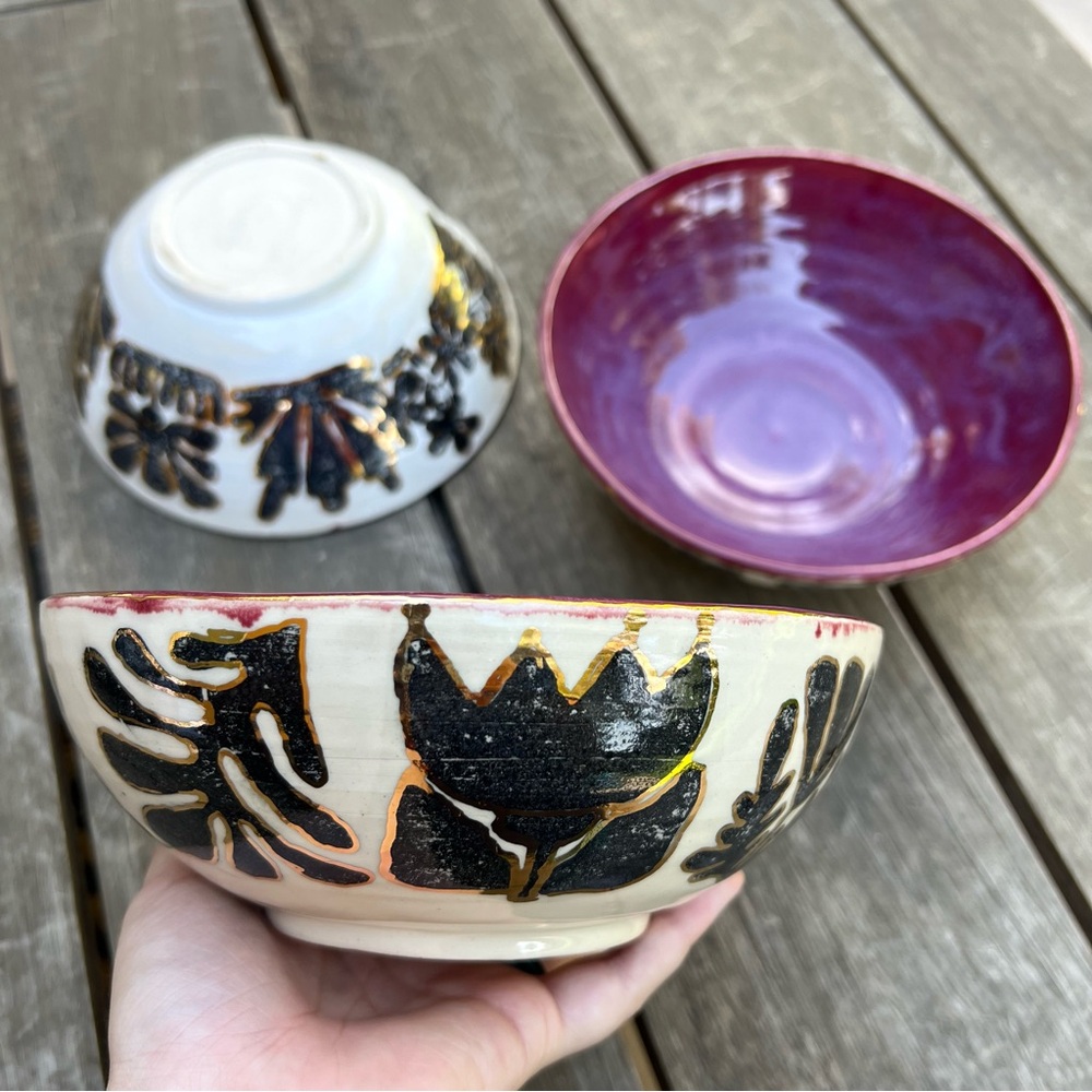 Studio Art Pottery Glazed Floral Bowls Set of Three Artist Signed Gold Trimmed